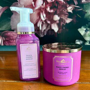 NEW 2-PC BBW BLACK CHERRY MERLOT 3-Wick Candle & Foaming Hand Soap